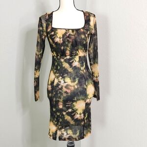 Topshop Square Neck Dress Tie Dye Mesh Bodycon Mossy Green Flowers, NWT Floral